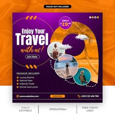 the travel flyer is designed to look like it has an orange background and purple accents