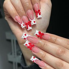 Francia Nails, Bow Nail Art Designs, Nail Art Designs For Summer, Girls Nail Designs, Bow Nail Art, Bow Nail, Red Acrylic Nails, Nails Design With Rhinestones, Summery Nails