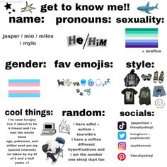 an info sheet with different types of clothing and words on it, including text that says get to know me name pronous sexuality gender fav emojis style cool things random