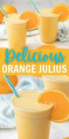 orange juice in glasses with straws on the side and text overlay that reads delicious orange juice