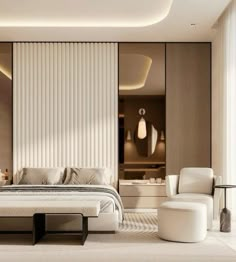 a bedroom with a bed, chair and ottoman in it's center area is lit by recessed lights