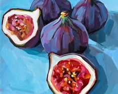 an oil painting of figs on a blue background