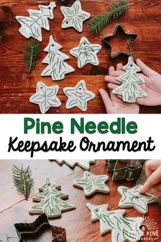 pine needle keepsake ornament for christmas tree cookies with green leaves and snowflakes