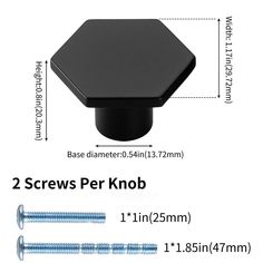 two screws per knob for cabinet doors and cupboards, with the measurements shown below