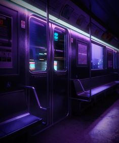 an empty subway car at night with its doors open and the lights on are purple