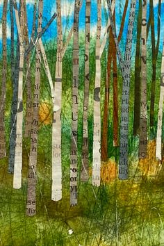 a painting of many trees in the woods with words written on them, all over it