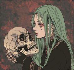 a woman with green hair holding a skull