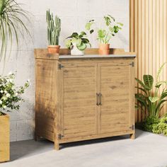 two potted plants on top of a wooden cabinet