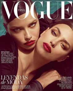 two women with red lipstick on the cover of a magazine, one is laying her head on another woman's shoulder