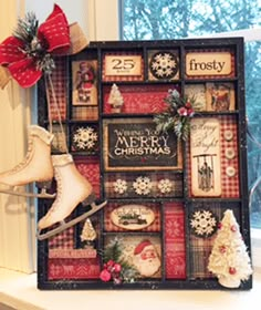 an old fashioned christmas card holder is sitting on a window sill