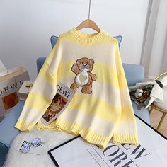 Collar: round neck Size: one size Color: pink, blue, yellow Cute Yellow Long Sleeve Sweatshirt, Cute Yellow Long Sleeve Sweater, Trendy Yellow Soft Knit Sweater, Cute Yellow Sweatshirt For Fall, Cute Yellow Sweater For Fall, Cute Yellow Fall Sweater, Cute Yellow Crew Neck Sweatshirt, Weird Sweaters, Cozy Outfits