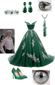 a green dress with white flowers on the skirt and shoes, necklaces, ring, bracelet