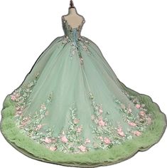 Green Wedding Gown With Floral Applique, Green Floral Applique Wedding Gown, Elegant Floral Embroidery Ball Gown For Debutante Ball, Fitted Green Gown With Floral Applique, Spring Wedding Green Ball Gown, Quinceanera Floor-length Floral Dresses, Floor-length Floral Quinceanera Dress, Green Dress For Debutante Ball In Spring, Green Spring Dress For Debutante Ball