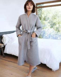 Woven from 100% organic long-staple Turkish cotton, our waffle robe is inspired by the classic style found in spas across the globe. Generously sized, lightweight, super soft, and highly absorbent, this robe will be your favorite post-shower and get-ready accessory. | Turkish Waffle Robe in Grey Size Medium | 100% Organic Cotton | Quince | Quince | Turkish Waffle Robe in Grey, Size M Bathrobes For Women, Cashmere Robe, Womens Robes, Waffle Weave, Just Run, Quince, Comfy Outfits, Waffles, Classic Style