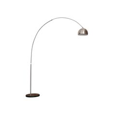 a floor lamp that is on top of a wooden base and has a metal shade