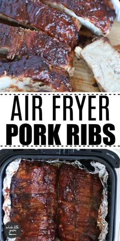 air fryer pork ribs in an air fryer with text overlay