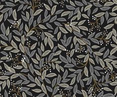 a black background with silver leaves and berries on it's sides, all in different colors