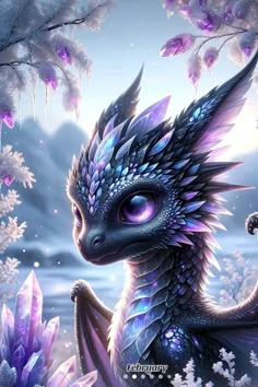 a blue and purple dragon sitting on top of snow covered ground