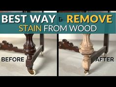 the before and after image shows how to remove stain from wood with this diy