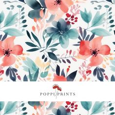 an image of flowers on a white background with the words poppi prints in red and blue