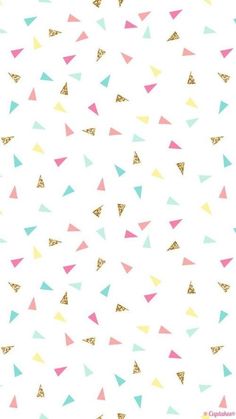 a white background with colorful triangles and gold glitter on the bottom, in pastel colors