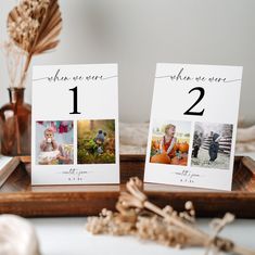 there are two pictures on the table with numbers