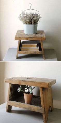 two pictures of a wooden step stool with a potted plant on top and bottom