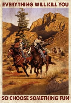 two men riding on the backs of brown horses in front of mountains and pine trees