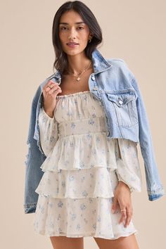 Aitana Floral Mini Dress in Ivory and Blue | Altar'd State