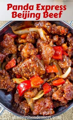 a pan full of panda express beef with onions and peppers