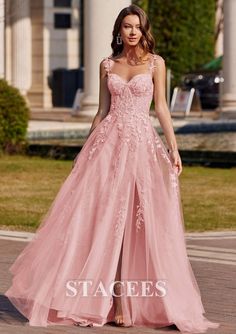 A-line V Neck Sleeveless Sweep Train Tulle Prom Dress with Beading Lace S7526P - Prom Dresses - Stacees Prom Dresses Neckline, Floaty Prom Dress, Corset Bodice Prom Dress, English Prom Dresses, Boho Chic Prom Dress, Prom Dresses For Enchanted Forest Theme, Pink Prom Dresses Princess, Princess Prom Dresses Pink, Prom Dresses For Tanned Skin