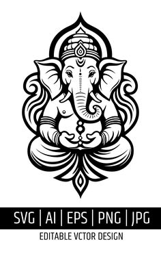 black and white image of an elephant sitting in the middle of a lotus flower design