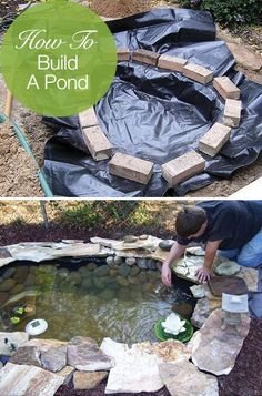 two pictures showing how to build a pond