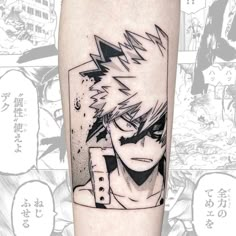 a black and white photo of an anime character with lightning bolt tattoo on the leg