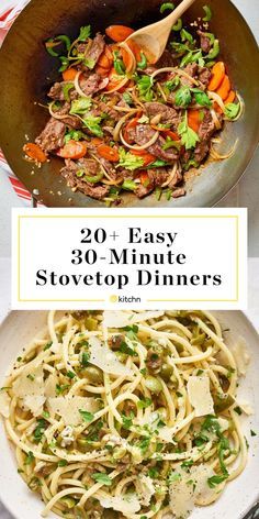 the cover of 20 easy 30 minute stovetop dinners with pasta and vegetables in it