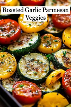 roasted garlic parmesan veggies in a baking pan with text overlay