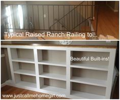 the before and after of a white painted bookcase with built in shelving units