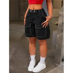 -Item Id 29540080.Html?Mallcode=1&Zeedropid=1628515 -Color: Dark Grey -Pattern Type: Plain -Type: Bermuda -Closure Type: Zipper Fly -Details: Button, Pocket, Zipper -Waist Line: Drop Waist -Length: Bermuda Shorts -Fit Type: Loose -Fabric: Non-Stretch -Material: Denim -Composition: 52% Cotton, 25% Polyester, 21% Viscose, 2% Polyamide -Care Instructions: Machine Wash, Do Not Dry Clean -Sheer: No **Open To Offers!!!** **Bundle To Save More** **30% Off Bundles Of 2 Or More Items!!** ***Orders Go Out Girly Jeans, Cute Outfits With Shorts, Street Style Outfits Casual, Outfits Con Jeans, Trendy Bottoms, Shorts Fit, Trendy Outfits For Teens, Loose Fabric, Quick Outfits