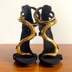 Never Been Worn, Good Condition, Minor Rust On The Metal (See Last Pic). Size 35 Designer Sculpted Heel For Gala, Designer Heels With Wrapped Heel For Galas, Zanotti Shoes, Giuseppe Zanotti Shoes, Giuseppe Zanotti, Gold Black, Rust, Women Shoes, Heels