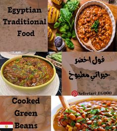 egyptian traditional food cooked green beans, baked beans, and soups in different dishes