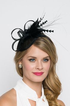 "\"Arianna\" Black Fascinator This season, sophisticated fascinators stole the show on the runways. Fascinators can be a little intimidating. But this cute little fascinator will help you overcome that fear. It perfectly lands the look, thanks to its mesh sinamay, frilly feathers, and loopy mesh ribbons. No matter the occasion, you will fit in with the fascinator craze with this simple yet stylish head-piece. Add Men's Matching Bow Tie: Don't you dare get caught mismatching your sweetie's favori Elegant Black Headpiece For Party, Elegant Black Fascinator For Party, Elegant Black Fascinator For Evening, Elegant Black Evening Headpieces, Black Headband Fascinator For Party, Elegant Black Headband Fascinator, Spring Fitted Headband Hair Accessories, Elegant Feathered Fascinator For Party, Fitted Black Fascinator For Evening