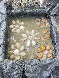 there are many rocks in the water that is being used to build a garden pond