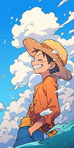 a boy in an orange shirt and hat on a surfboard with clouds behind him