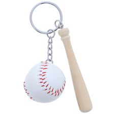 a baseball and bat shaped keychain on a white background