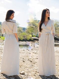 "💟 Romantic Linen wrap Dress. Feel the lightness and extravaganza with this design. Your new dress mode is comfortable and emphasizes your silhouette. Wear in everyday life and for formal occasions. Dress is perfect for your Dream Wedding. The linen is pre-washed and will not change its shape. 💌 Please keep the garment hand-washed and naturally dry. 💟 For more Linen Dresses, click here https://www.etsy.com/uk/shop/BGRAtelier?ref=simple-shop-header-name&listing_id=undefined&section_id=33687819 Elegant Beach Wrap Dress, Chic Linen Maxi Dress For Wedding, Fitted Long Wrap Dress For Spring, Summer Wrap Dress For Wedding Guest, Formal Wrap Maxi Dress For Summer, Formal Summer Wrap Maxi Dress, Summer Wedding Guest Wrap Dress, Beige Floor-length Dress For Spring, Spring Cream Maxi Dress For Wedding Guest