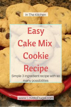 easy cake mix cookie recipe on a red plate with chocolate chip cookies in the background