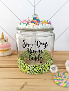 A fake frosting candy jar that includes a fun frosting drip and fake candy frosting topper. A perfect office candy jar or candy jar for home to store your favorite candy. Item Description: 8.4 Inches (H with lid) x 5.68 Inches (W) x 5.68 Inches (D) Glass Cookie Jar with lid Half gallon jar. 64oz Design is made with outdoor grade vinyl wording that will stay in tact with proper cleaning care (All items come with a product care card) Frosting is made of a polymeric material with fake sprinkles and Candy Dish Ideas For Office, Desk Candy Jar Ideas, Classroom Candy Jar, Office Candy Jar Ideas, Emotional Support Candy Jar, Candy Jar For Work Desk, Candy Jar Sayings, Candy Jar Ideas, Candy Jar Sayings Svg