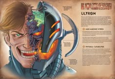 an image of a page from the comic book ultron, which features a man - made helmet