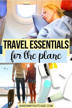 the words travel essentials for the plane are in front of an image of two people