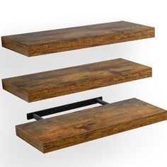 three wooden shelves with metal brackets on each side and one shelf above the other, both made from wood